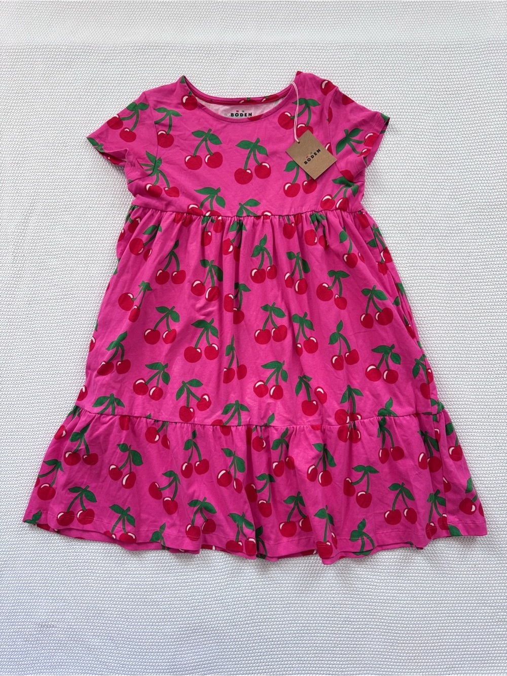 Mini Boden Pink Cherry Print  Twirly Jersey Dress